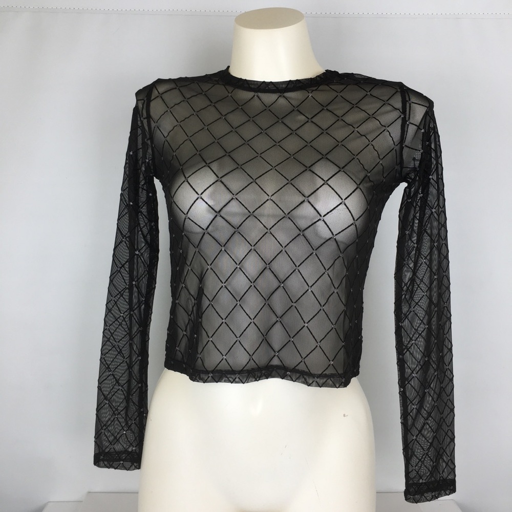 Y2K Sheer Mesh Long Sleeve Top Black Glitter Party Women’s Size S Whimsigoth